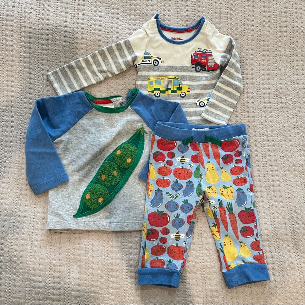 Mini Boden 9-12 mo Bundle: 2 piece veggie set and truck body suit